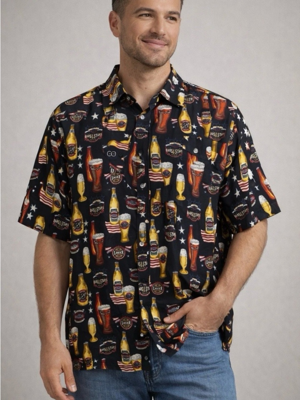 C&B Sport Beer Print Shirt XL Button Up Bars & Stars Short Sleeve